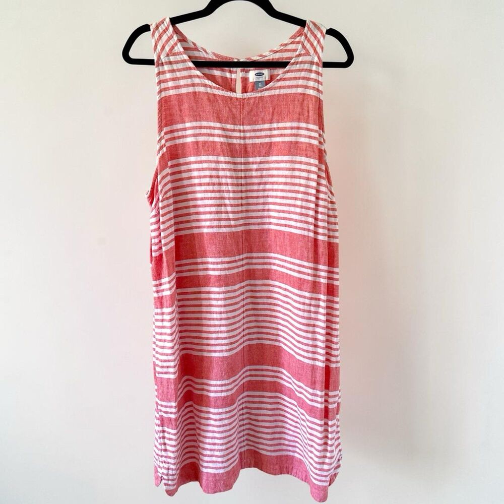 Womens Old Navy Coral Orange White Striped Linen Rayon Shift Dress XL Sleeveless